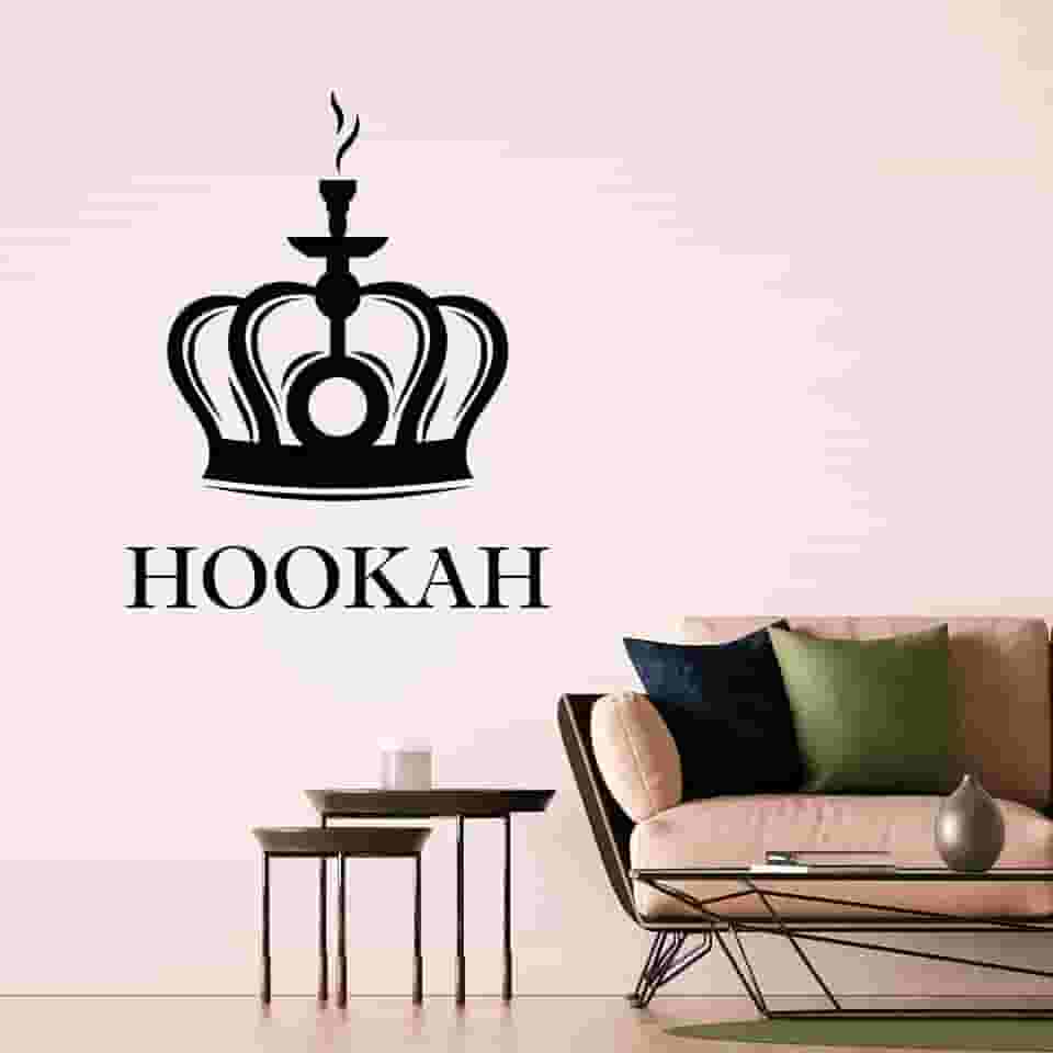 Decalque de parede de vinil logotipo narguilé coroa fumaça árabe café adesivos mural grande decoração (g8840) preto
