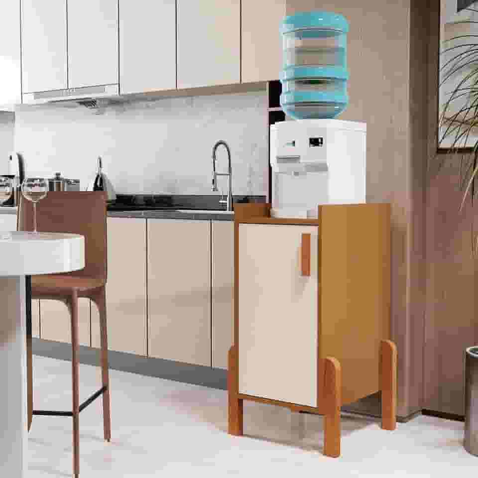 Balcão Aparador para Bebedouro, 1 Porta, Pés em Madeira, Branco e Natural (Cedro/Off White)