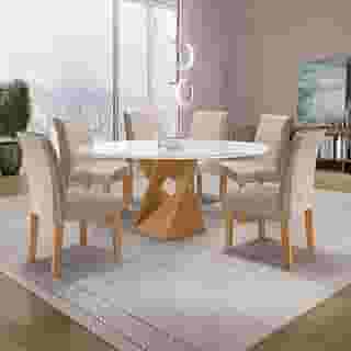 Conjunto Mesa Barcelona 120cmx120cm 6 Cadeiras Espanha Tampo Plus Redondo Vidro Yescasa Cinamomo/Off White/Bege