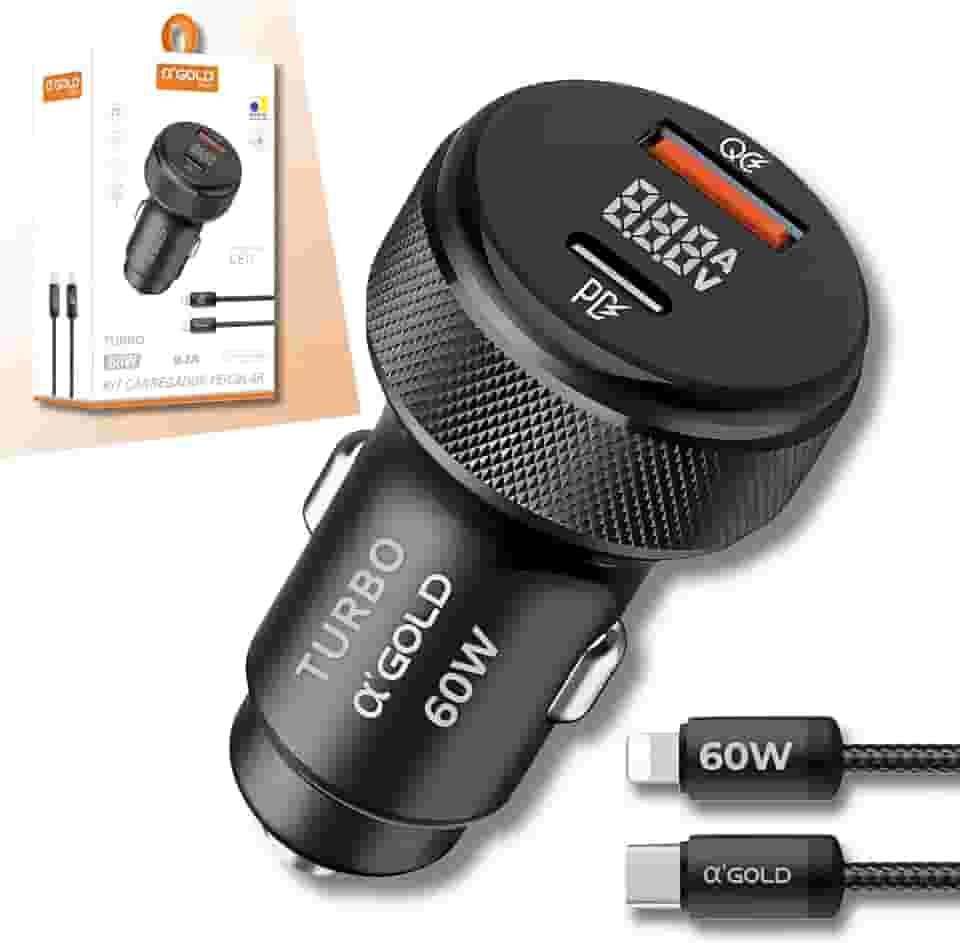 Carregador Veicular Turbo 60W MTS com Cabo IOS para Automóvel – 2 Portas USB + USB-C, Carrega 2 Dispositivos ao Mesmo Tempo, Alta Velocidade, Potente 9.1A, Compatível com iPhone e Android