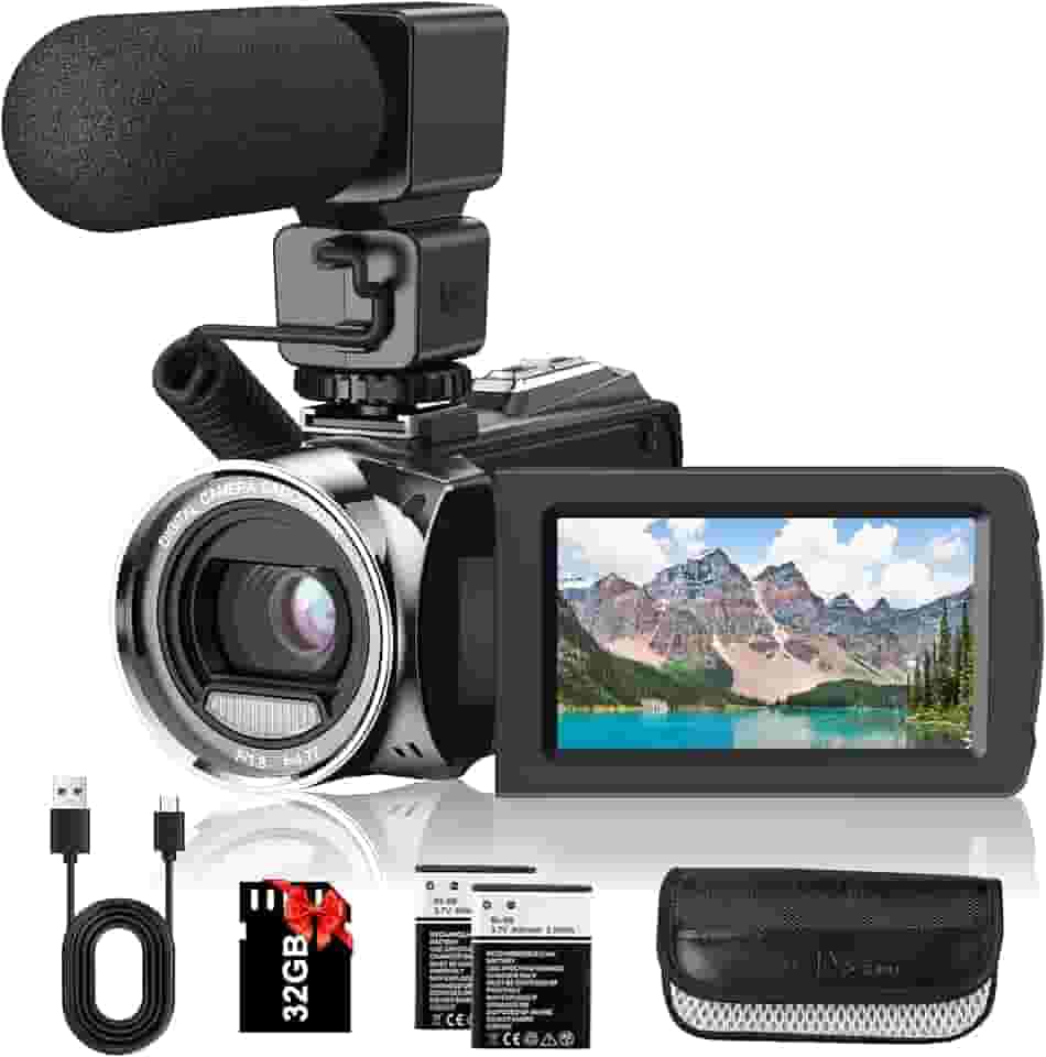 Filmadora de vídeo FHD 1080p 36MP YouTube Vlogging gravador de câmera 3.0 polegadas tela de rotação de 270 graus 18X câmeras de zoom digital com microfone, cartão SD de 32 GB e 2 baterias
