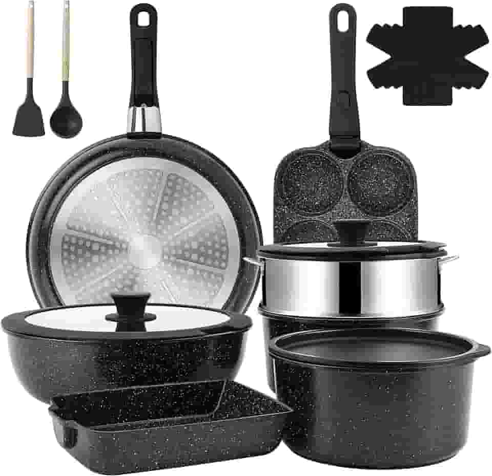 Jogo De Panelas 12 Peças, Conjunto De Panelas Antiaderentes Punho Destacável, Conjuntos De Panelas De Cozinha De Indução Antiaderente Com Alça Removível