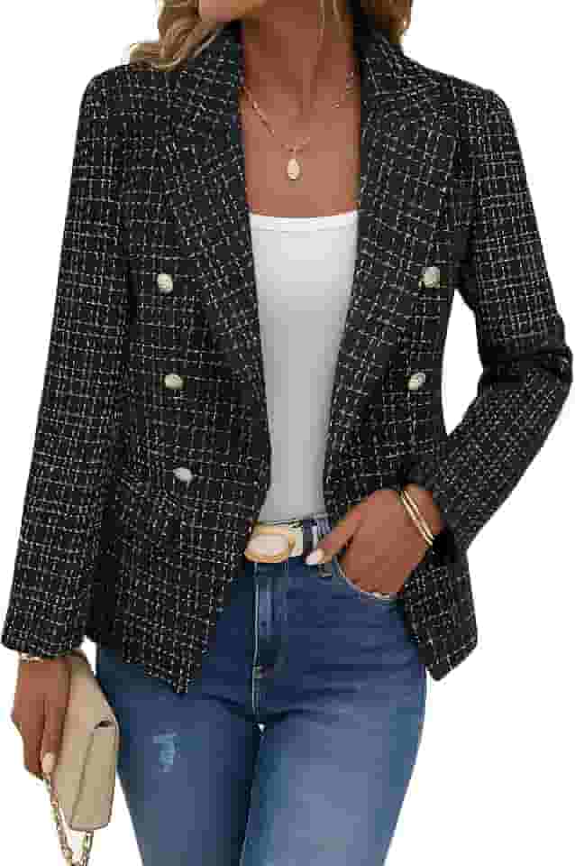 Blazer feminino xadrez de tweed 2025 outono - Casaco de trabalho casual moderno slim totalmente forrado com botões duplos (bolsos)