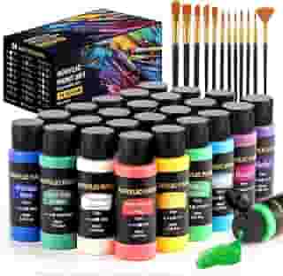 Conjunto de tinta acrílica, 24 cores (56,7 g/frasco) com 12 pincéis de arte, materiais de arte para pintura de tela, madeira, cerâmica e tecido, pigmentos ricos de qualidade duradoura para iniciantes