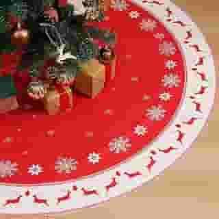 Multiwins Saia para árvore de Natal 122 cm, saia grande para árvore de Natal vermelha com rena de floco de neve, tecido de flanela espessa, as melhores decorações de Natal para o inverno e ano novo