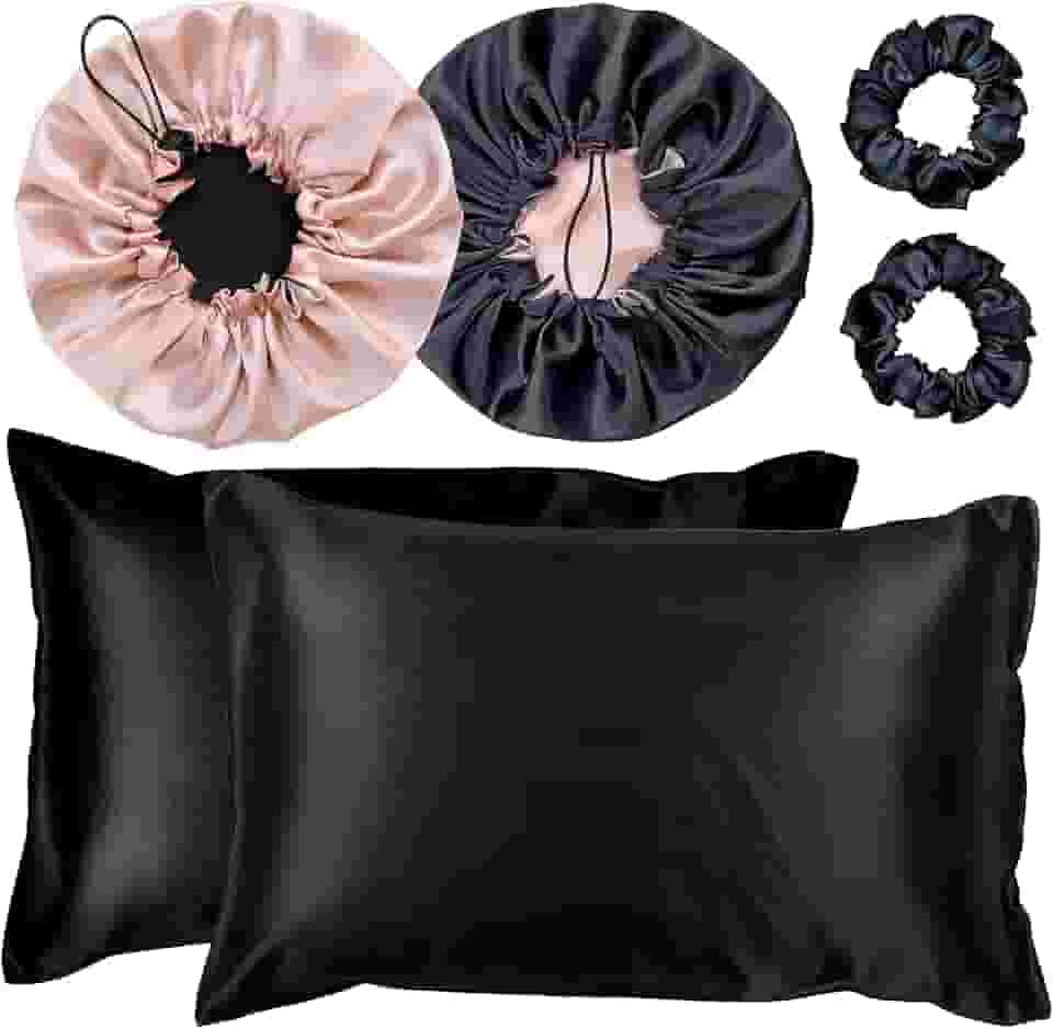 Kit 2 Fronha De Cetim Seda + 2 Toucas + 2 Xuxinhas (Preto/Champagne)