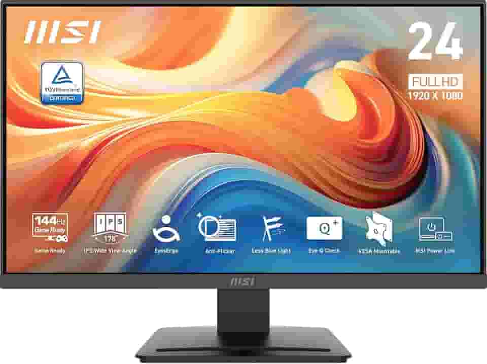 MSI PRO MP243L E14 61.0 cm IPS Gaming Desktop Monitor 1920 x 1080 (FHD), 144Hz, sincronização adaptável, pronto para HDR, HDMI, porta VGA, montagem VESA, inclinação, moldura fina de 4 lados, 1 ms