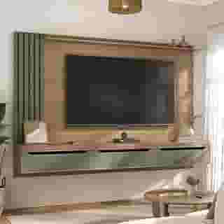 Painel para TV até 75 polegadas detalhe ripado com 3 gavetas PRESENCE cor carvalho/menta - Artely