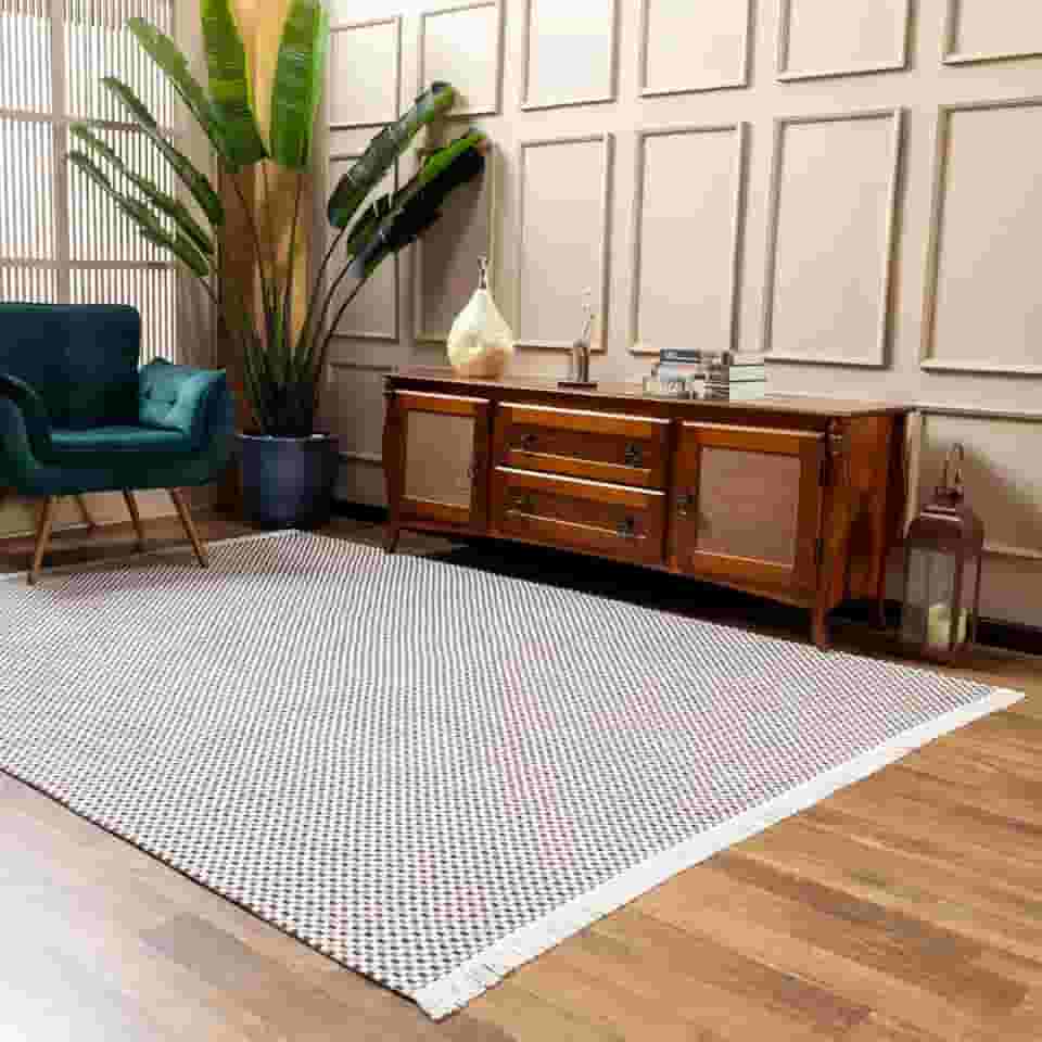 Tapete Grande para Sala Tear antialérgico 100% Algodão Encorpado, resistente Lavável na Máquina (xadrez bege/tabaco/cru, 2,00 x 1,40)