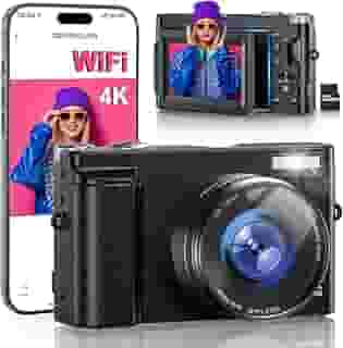 Câmera digital 4K para fotografia, WiFi 64MP 180° tela flip 7.6 cm câmera vlogging autofoco para YouTube, zoom 16X Compact Point e Shoot Câmeras para iniciantes com cartão de 32 GB, 2 baterias