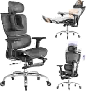 LarkLeaves Cadeira de Escritório com Descanso para os Pés, Cadeira Ergonômica com Travesseiro para Pescoço e Rodas de Borracha, Cadeira Gamer com Encosto Ajustável e Apoios de Braço 3D, Preto