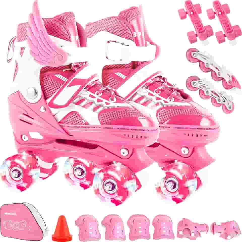 Patins Infantil 2 Em 1 Ajustável Patins 4 Rodas, Patins Quad, Patins Infantil Menina, Ajustável com Bolsa e Kit Proteção, Para meninas, meninos e iniciante
