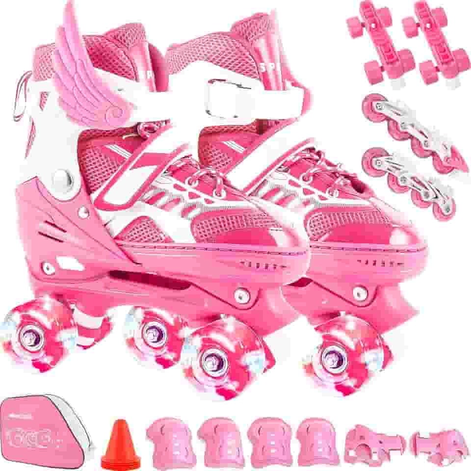 Patins Infantil 2 Em 1 Ajustável Patins 4 Rodas, Patins Quad, Patins Infantil Menina, Ajustável com Bolsa e Kit Proteção, Para meninas, meninos e iniciante
