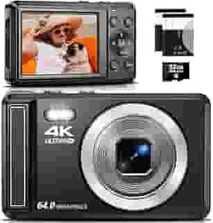 Câmera Digital 4K 64MP com Foco Automático,Fotográfica para Vlog, Zoom, Tela 2.8 Polegadas，fotografia, Cartão SD de 32GB, 2 Baterias, Câmera Compacta，para Adolescentes e Iniciantes, Flash