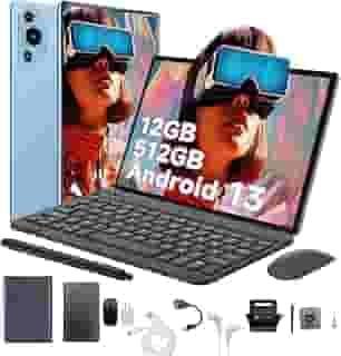 3 em 1 Tablet, com Capa/Teclado/Mouse, 10.1 Polegada, 1920x1200 Tela Processador Octa-Core, 12GB RAM+512GB ROM, Câmera de 16MP + 32MP, Android 13, 8000mAh, Versão WiFi (Cinza) (Azul)