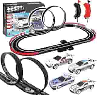 AGM MASETCH Conjunto de Pista de Corrida de Carros Slot com 4 Carros Slot Exclusivos, Pista de Carro a Bateria ou Elétrica, Brinquedos de Presente para Meninos e Meninas de 4 a 12 Anos.