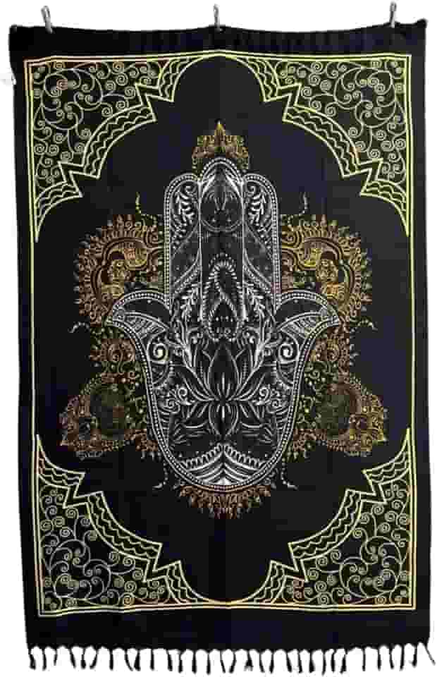 Canga Praia Hamsa, Mandala Dourada com Franjas, Estampa Mão de Fátima