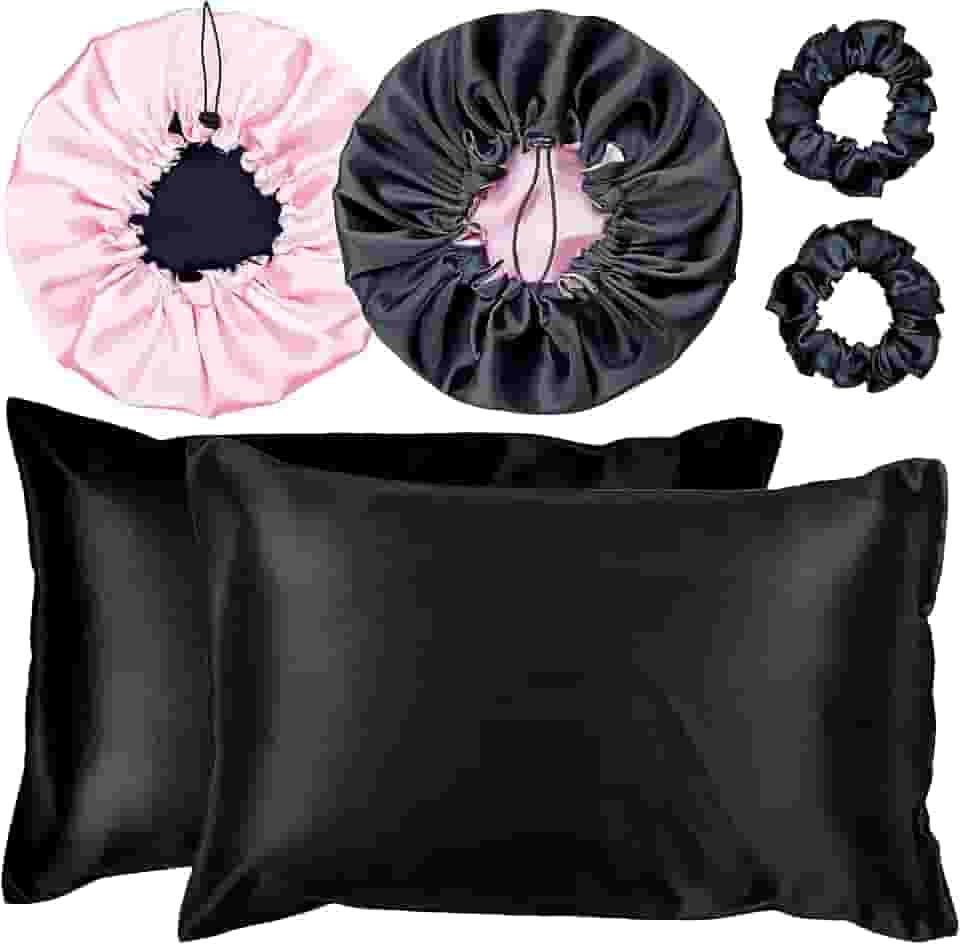 Kit 2 Fronha De Cetim Seda + 2 Toucas + 2 Xuxinhas (Preto/Rosa)