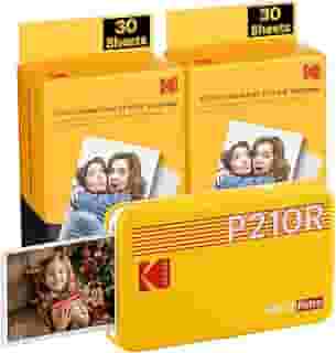 Impressora fotográfica portátil KODAK Mini 2 Retro 4PASS (5,3 x 8,6 cm), inicial 8 folhas + pacote de 60 folhas, amarela
