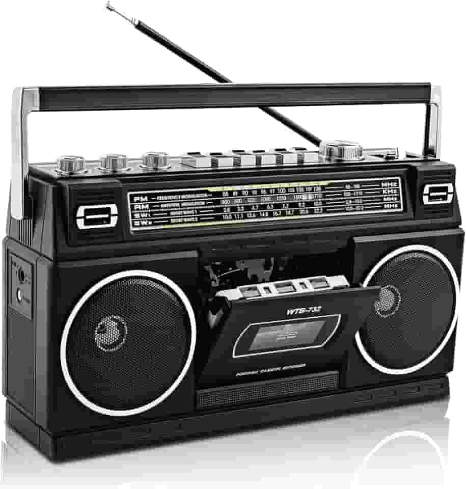 WISCENT Boombox vintage clássico dos anos 80, leitor de cassete com Bluetooth, rádio AM/FM/SW, alto-falantes estéreo de 24 W, compartimentos para cartão USB/SD, conector de fone de ouvido, preto