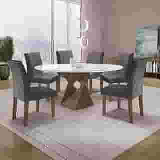 Conjunto Mesa Barcelona 120cmx120cm 6 Cadeiras Espanha Tampo Plus Redondo Vidro Yescasa Chocolate/Off White/Cinza