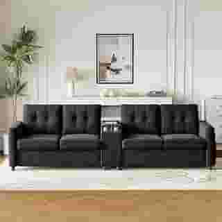 GarveeHome Sofá secional compacto, sofá de 4 lugares de 115 polegadas com console de armazenamento, estação de carregamento e suportes de copos, sofá de assento profundo estofado de veludo para