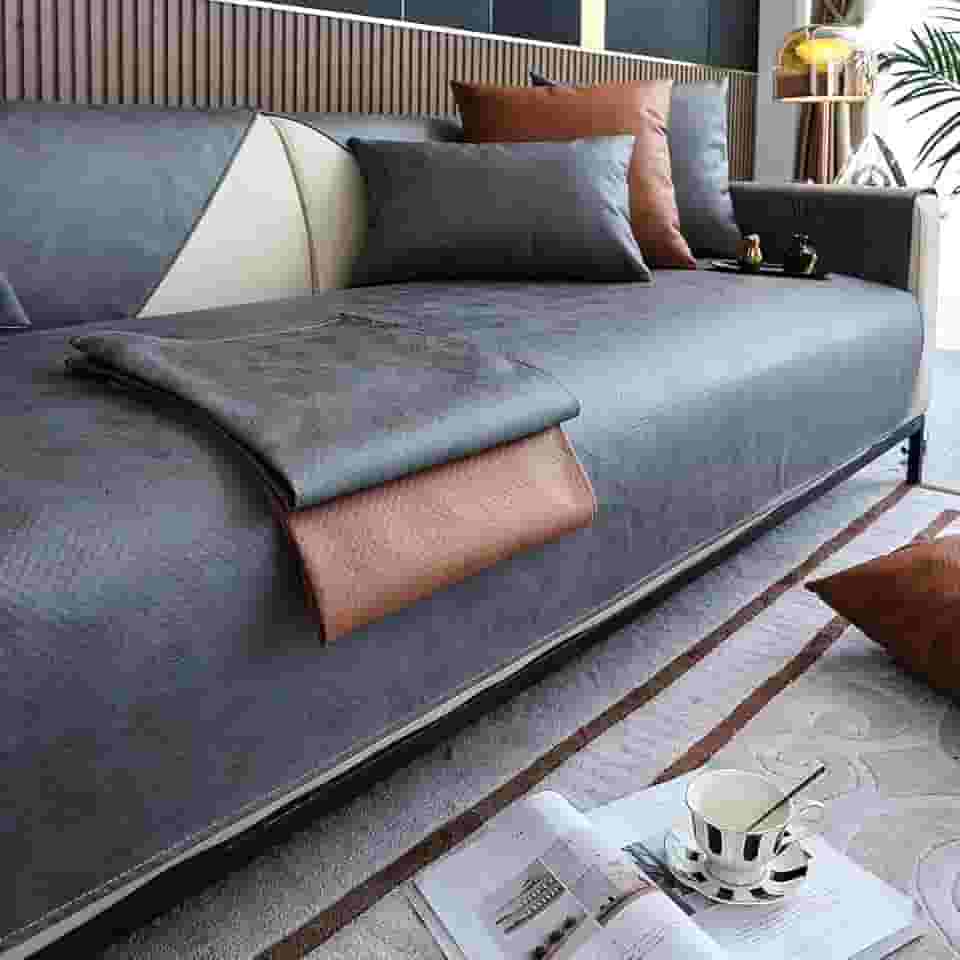 vctops Capa de sofá de couro sintético vintage à prova d'água capa de sofá seccional antiderrapante capa de sofá para cães, crianças, protetor de móveis de animais de estimação (cinza, 43" x 94")