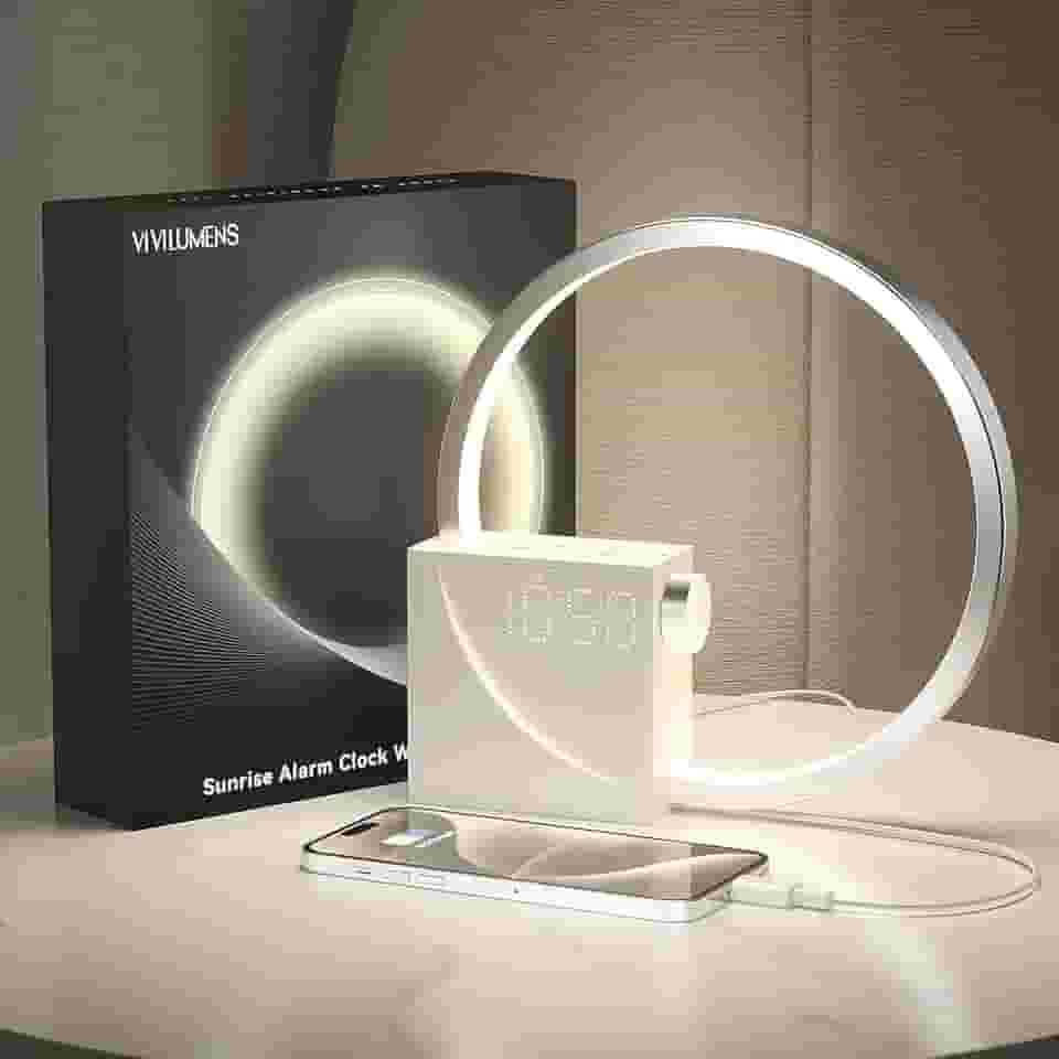 Vivilumens Despertador digital Sunrise, máquina de som de ruído branco, temporizador de auxílio ao sono com porta USB, visor digital regulável, soneca, 10 toques para pessoas com sono pesado, presente