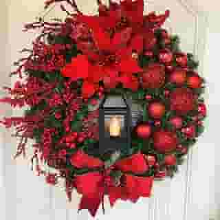 EGGPOD Guirlanda de Natal artificial grande flor vermelha arco bola guirlanda de Natal Navidad festa de casamento porta janela parede lareira escada varanda jardim decoração (cor: A)