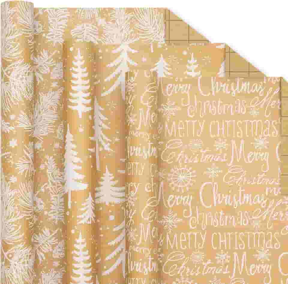 Rolo de papel de embrulho de Natal - Papel kraft marrom com árvore de Natal branca vintage, agulha de pinheiro, letras de feliz Natal para Natal, celebração de ano novo - 3 rolos - 43 x 300 cm