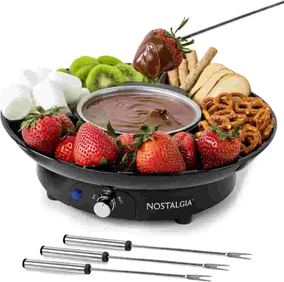 Nostalgia Conjunto de panela elétrica de fondue de 293 ml para queijo e chocolate - 4 garfos de mergulho, bandeja de alimentos com 3 seções - Utensílios de cozinha e eletrodomésticos para deouvres,