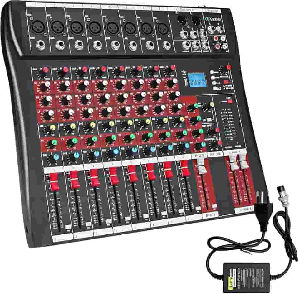 VDA208L Console de mistura,8 Canais Mixer Profissional para Shows ao Vivo, Karaokê - USB/Bluetooth, Efeito de Reverb, Saída de Monitoração, Controle de Som Estúdio e Palco