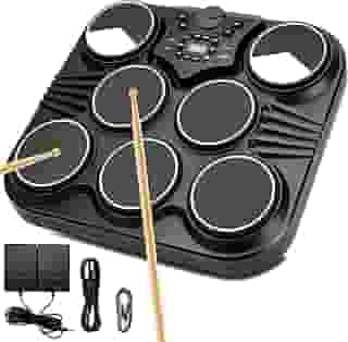 Kit de Bateria Digital Eletrônica de Mesa Com 7 Pads E Pedais de Bateria Sensíveis Ao Toque, Saídas USB E para Fone de Ouvido, Entrada MIDI/AUX E Dois Alto-Falantes Integrados