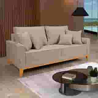 Sofá Living Beny 3 Lugares Linho Bege Fixo Sala Base Madeira