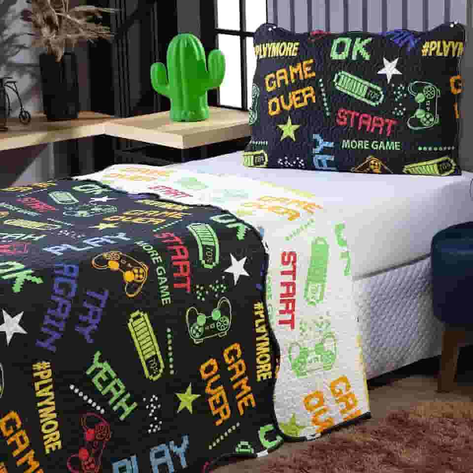 Colcha Dupla Face Estampada Solteiro – Kit Cobre Leito com 2 Peças, Colorido, Confortável e Fácil de Lavar (Solteiro, Game)