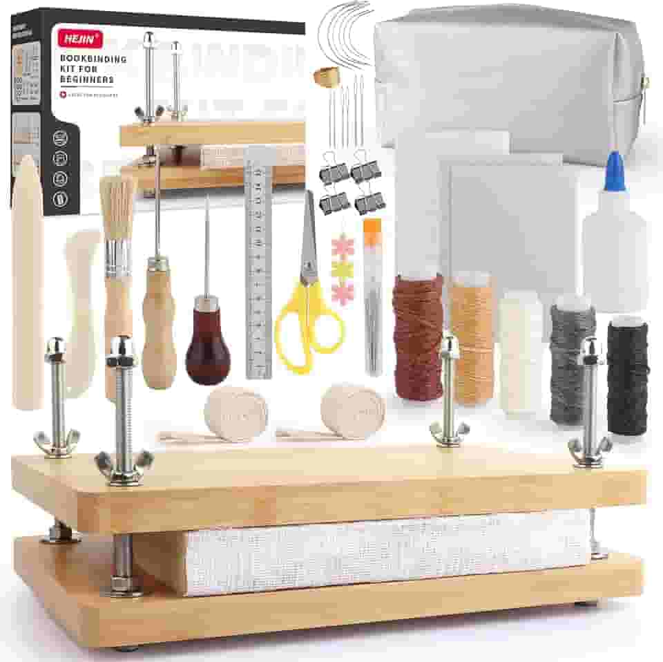 HEJIN Kits de encadernação de livros, prensa de livros com pasta de osso de plástico, fio encerado, materiais de encadernação de livros para iniciantes, 29 x 19 cm