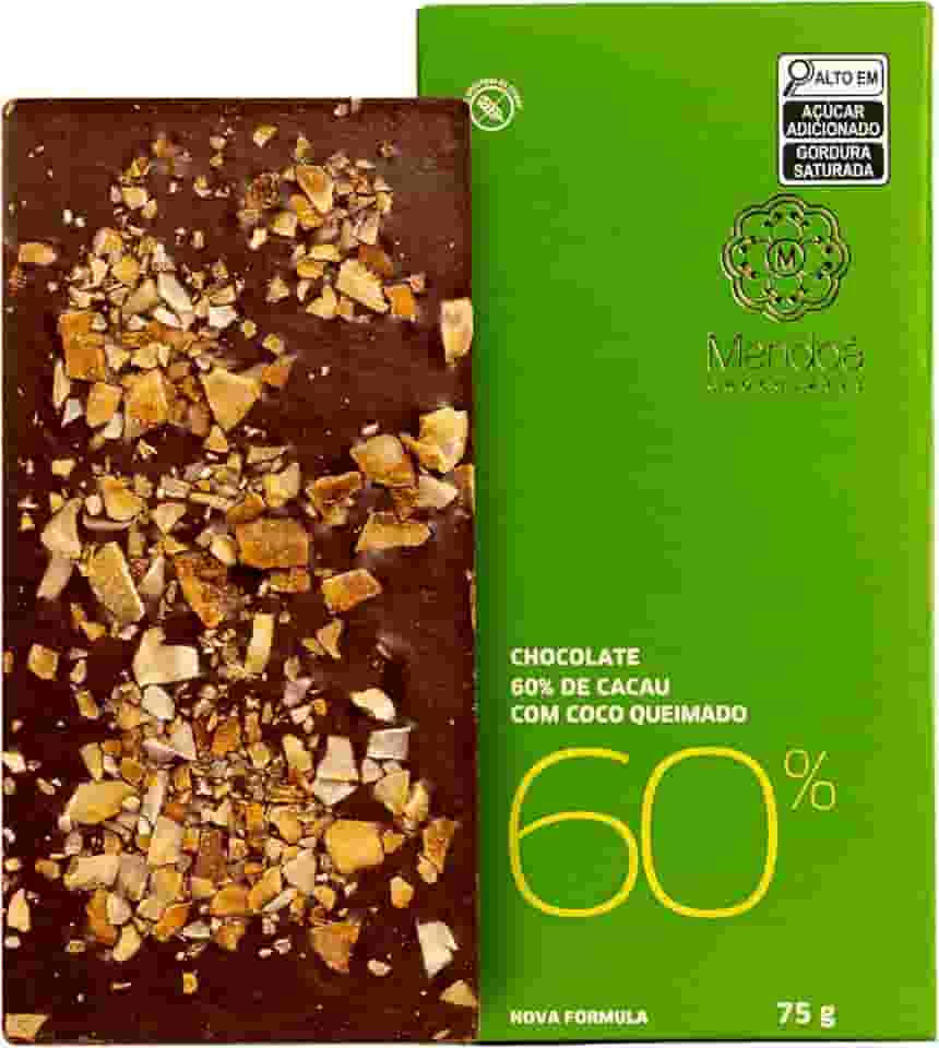 Mendoá, Barra de chocolate premium 60% de cacau com coco queimado, Clássico, 75 gramas