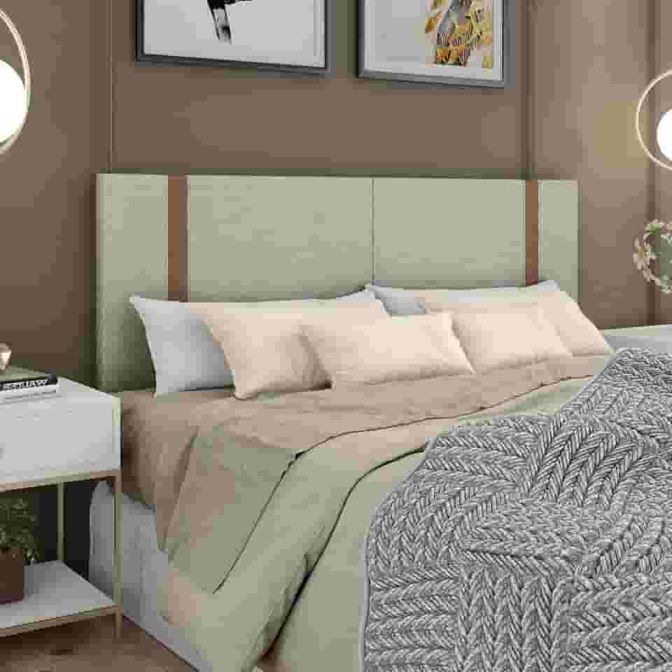 Cabeceira 1.60 Queen em Linho com detalhe em Couro