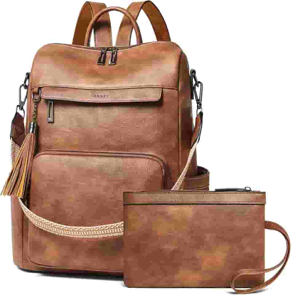 Mochila feminina de couro vegano para laptop de 35,5 cm, mochila de viagem moderna para faculdade de negócios