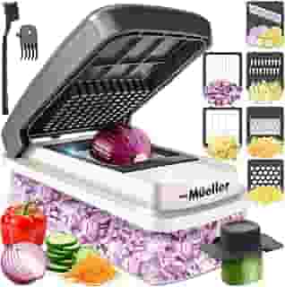 Mueller Cortador de vegetais com 9 lâminas, fatiador de mandolina, picador de vegetais, ralador de queijo, cortador de cebola, cortador de legumes, cortador de alimentos com recipiente, utensílios e