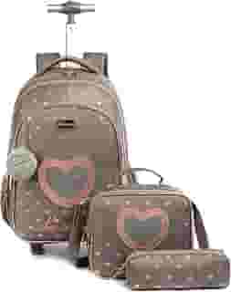Mochila Rodinha Escolar Infantil de Lancheira e Estojo Lápis Ideal para Meninos e Meninas de 7 a 12 Anos (amor02)