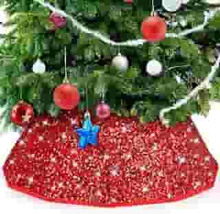 Colar de árvore de Natal com lantejoulas - Base de árvore de Natal com glitter, saia dobrável para decoração de árvore de Natal, decoração de casa de férias de inverno (vermelha)
