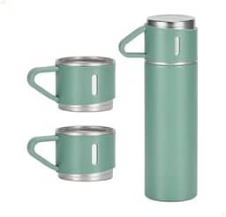 Kit Garrafa Térmica Inox 500ml com 3 Xícaras Portátil Ideal para Camping Viagem e Uso Diário (Verde)