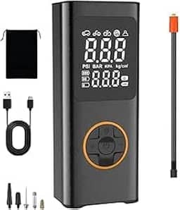 Calibrador Compressor de Ar Digital Portátil, Medidor de Pressão LED, Preto, Encher Pneu de Carro Bicicleta Moto Recarregável com USB com Bicos Multifuncionais 2000 mAh 50W de Potencia