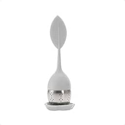 Infusor de Chá em Silicone com Cabo em Forma de Folha, Coador de Aço Inox, Bandeja Coletora. Silicone Premium BFA Free (Branco)