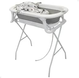 Banheira Bebe Com Suporte Dobravel Almofada Banho Termometro - Cinza