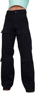 Calça Jeans Feminina Cargo com Modelagem Wide Leg, Cintura Alta, 4 Bolsos Frontais e Perna Larga, Estilo Urbano Casual (BR, Numérico, 34, Regular, Regular, Preto)