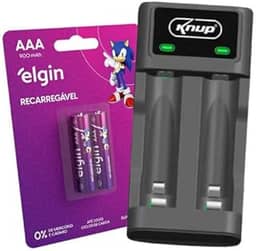 Carregador Pilha Aa/aaa Type-c + 2 Pilhas Aaa 900 Mah Elgin 110v/220v
