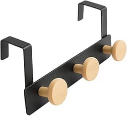Cabideiro metal multiuso para porta com 3 ganchos de madeira