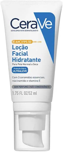 CeraVe Loção Facial Hidratante AM FPS 50 com 3 Ceramidas Essenciais, Ácido Hialurônico e Niacinamida, Hidratação 24h e Proteção UVA/UVB para Pele Normal a Seca, 52g